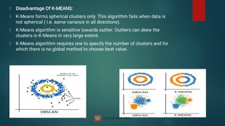 Disadvantage Of K-MEANS:
K-Means forms spherical clusters only. This algorithm fails when data is
not spherical ( i.e. same variance in all directions).
K-Means algorithm is sensitive towards outlier. Outliers can skew the
clusters in K-Means in very large extent.
K-Means algorithm requires one to specify the number of clusters and for
which there is no global method to choose best value.
 