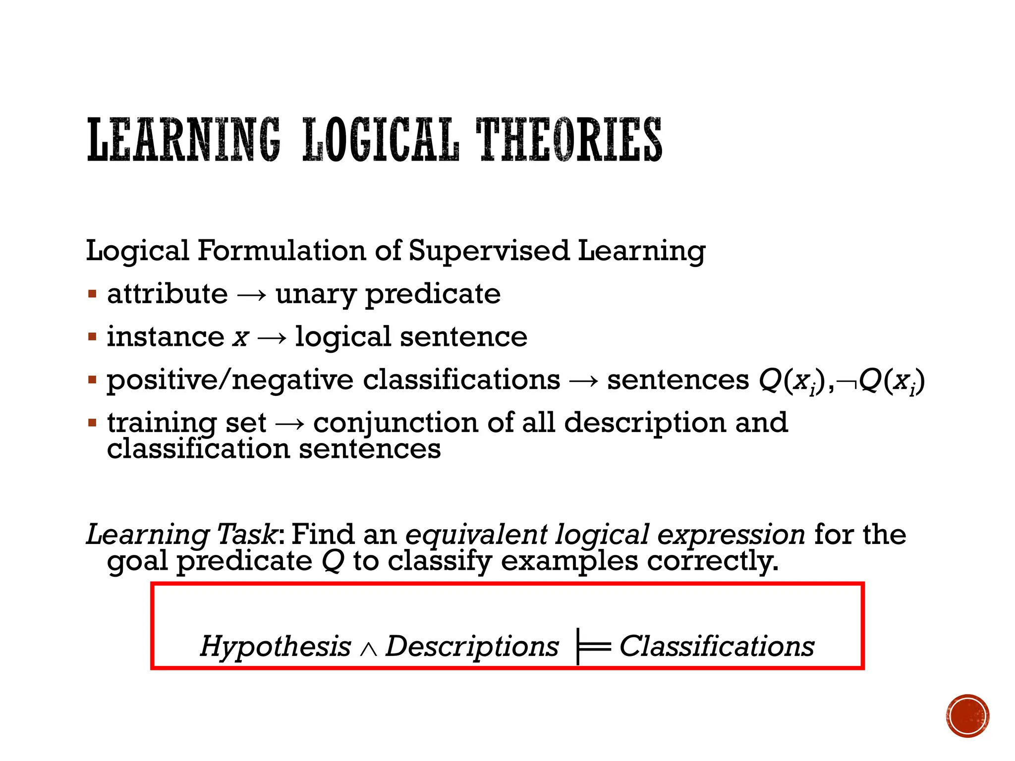 Logical Formulation of Supervised Learning
▪ attribute → unary predicate
▪ instance x → logical sentence
▪ positive/negative classifications → sentences Q(xi),Q(xi)
▪ training set → conjunction of all description and
classification sentences
Learning Task: Find an equivalent logical expression for the
goal predicate Q to classify examples correctly.
Hypothesis  Descriptions ╞═ Classifications
 