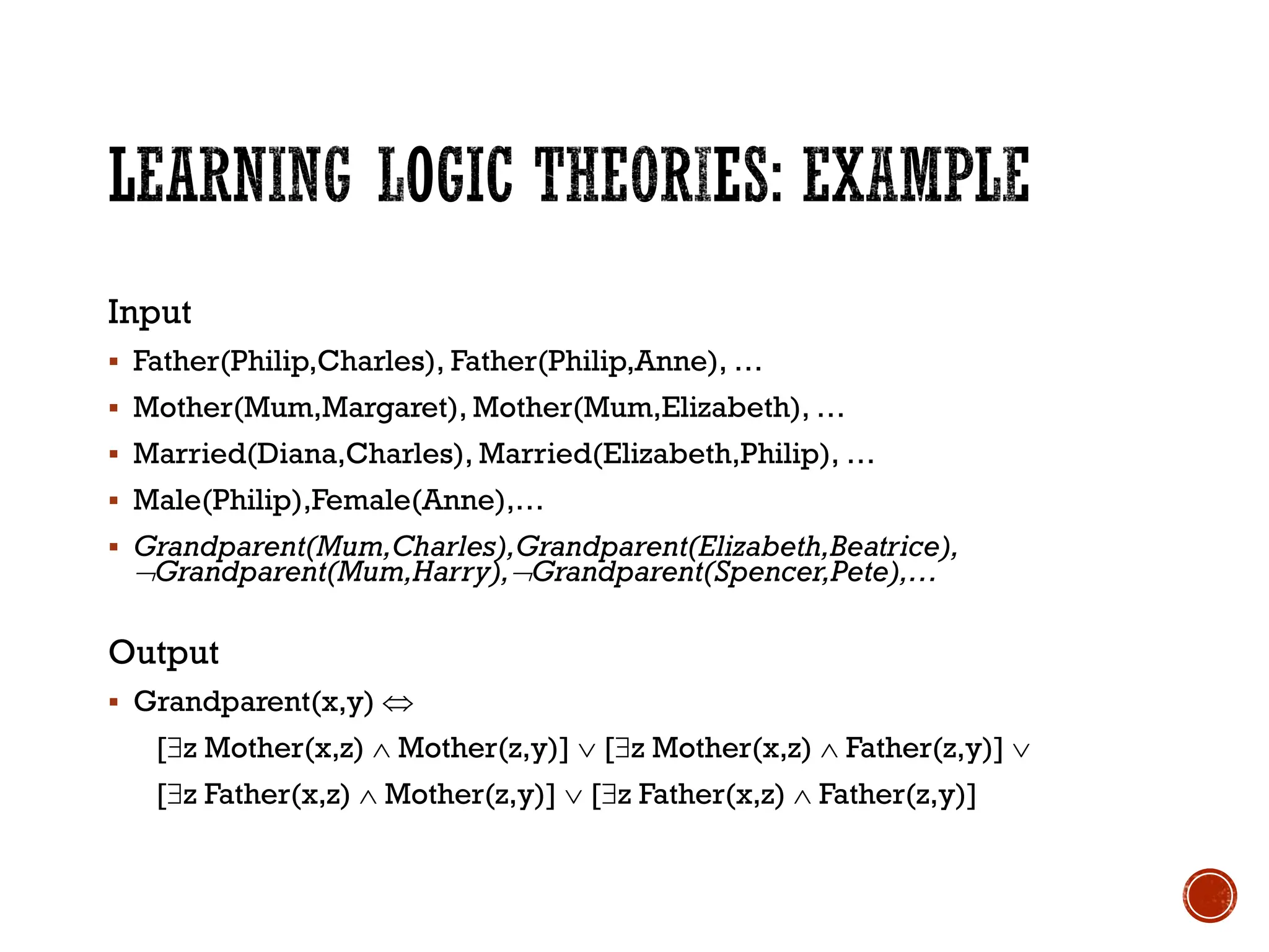 Input
▪ Father(Philip,Charles), Father(Philip,Anne), …
▪ Mother(Mum,Margaret), Mother(Mum,Elizabeth), …
▪ Married(Diana,Charles), Married(Elizabeth,Philip), …
▪ Male(Philip),Female(Anne),…
▪ Grandparent(Mum,Charles),Grandparent(Elizabeth,Beatrice),
Grandparent(Mum,Harry),Grandparent(Spencer,Pete),…
Output
▪ Grandparent(x,y) 
[z Mother(x,z)  Mother(z,y)]  [z Mother(x,z)  Father(z,y)] 
[z Father(x,z)  Mother(z,y)]  [z Father(x,z)  Father(z,y)]
 