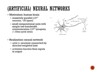 ▪ Motivation: human brain
▪ massively parallel (1011
neurons,~20 types)
▪ small computational units with
simple low-bandwidth
communication (1014 synapses,
1-10ms cycle time)
▪ Realization: neural network
▪ units ( neurons) connected by
directed weighted links
▪ activation function from inputs
to output
 