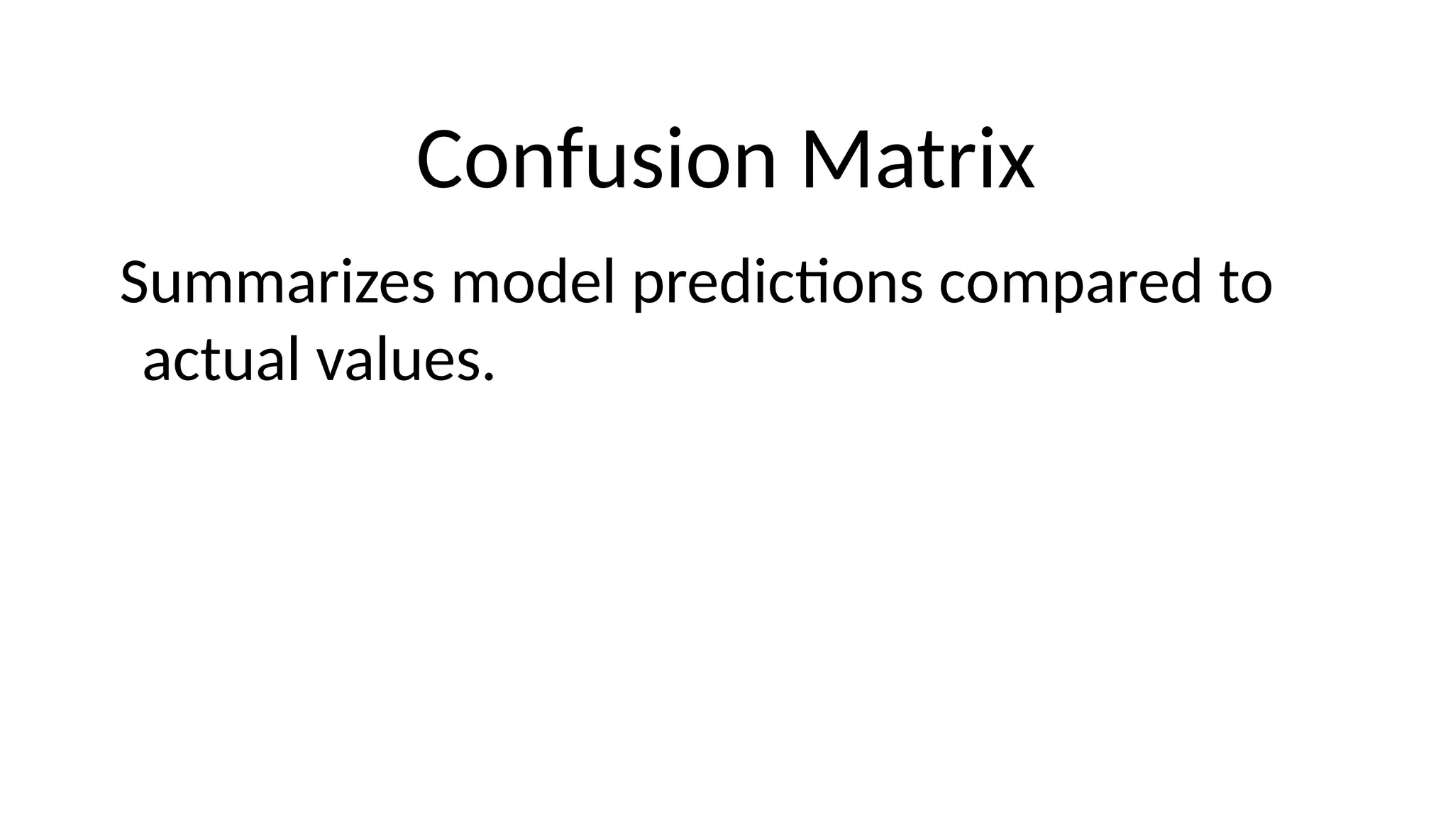 Confusion Matrix
Summarizes model predictions compared to
actual values.
 