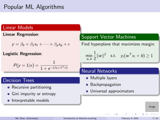 Image
Popular ML Algorithms
Linear Models
Linear Regression:
y = β0 + β1x1 + · · · + βpxp + ϵ
Logistic Regression:
P(y = 1|x) =
1
1 + e−(β0+βT x)
Decision Trees
Recursive partitioning
Gini impurity or entropy
Interpretable models
Support Vector Machines
Find hyperplane that maximizes margin:
min
w,b
1
2
∥w∥2
s.t. yi (wT
xi + b) ≥ 1
Neural Networks
Multiple layers
Backpropagation
Universal approximators
ML Team (University) Introduction to Machine Learning February 9, 2026 7 / 14
 
