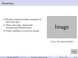 Image
Summary
Machine Learning enables computers to
learn from data
Three main types: Supervised,
Unsupervised, Reinforcement
Proper workflow is crucial for success
Image
Figure: ML Impact Growth
ML Team (University) Introduction to Machine Learning February 9, 2026 12 / 14
 