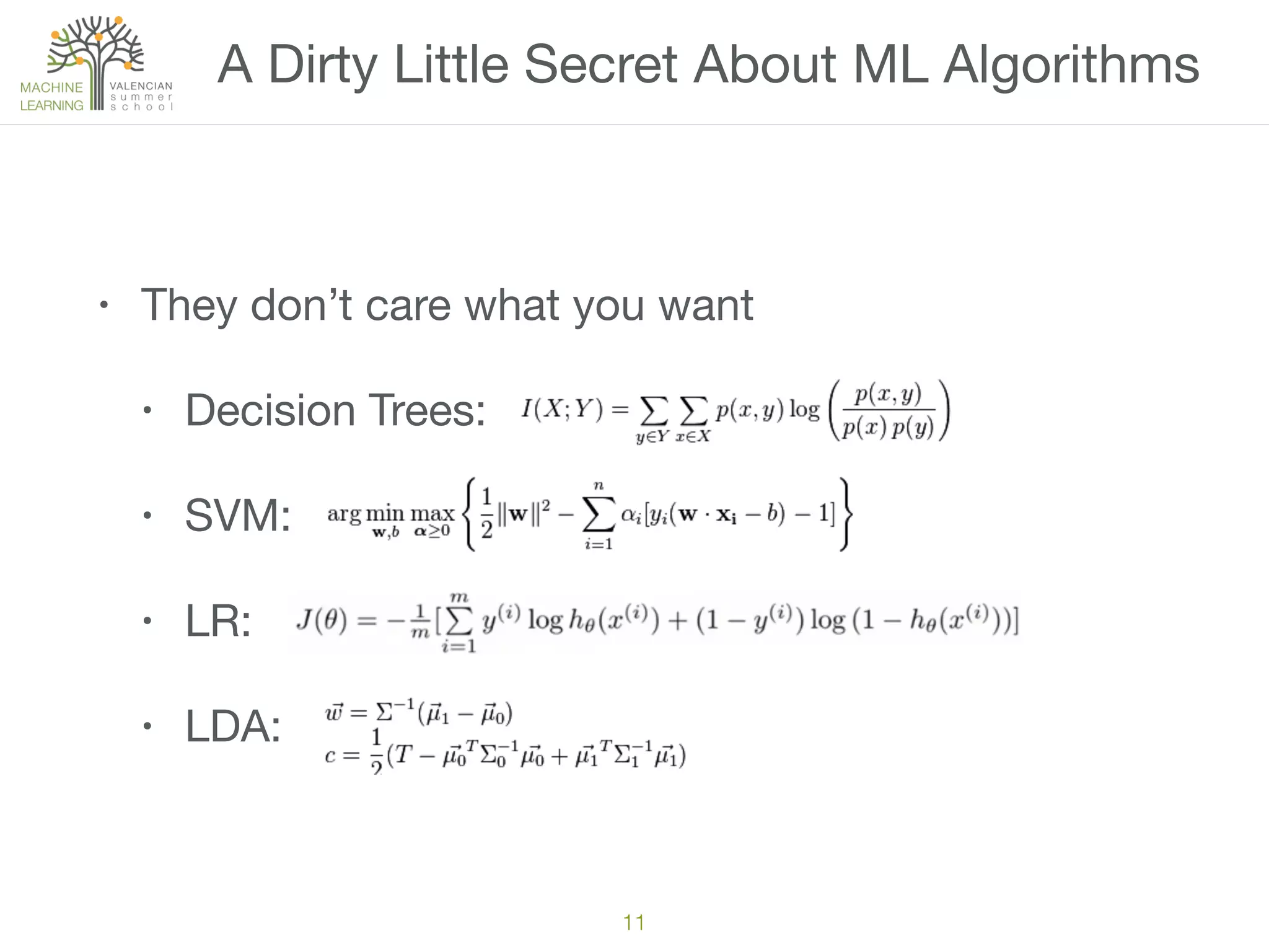 A Dirty Little Secret About ML Algorithms
• They don’t care what you want

• Decision Trees:

• SVM:

• LR:

• LDA:
11
 