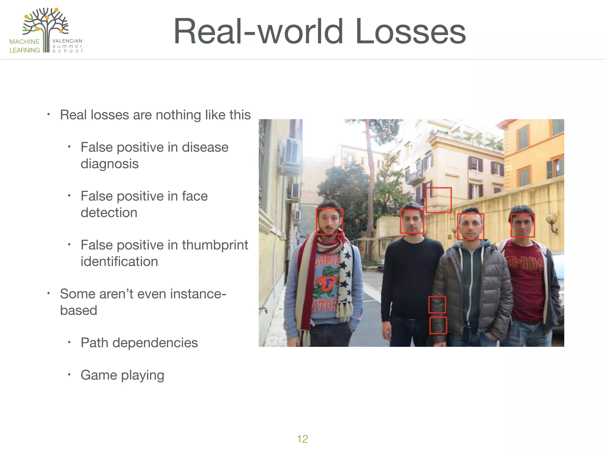 Real-world Losses
• Real losses are nothing like this

• False positive in disease
diagnosis

• False positive in face
detection

• False positive in thumbprint
identiﬁcation

• Some aren’t even instance-
based

• Path dependencies

• Game playing
12
 