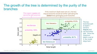 33Copyright (c) by Daniel K.C. Chan. All Rights Reserved.
The growth of the tree is determined by the purity of the
branches
Classification
This region is pure and
cannot be split anymore
The two
branches split
at depth 1
remains
impure and
can be further
split. Since the
maximum
depth is set at
2, the model
stops here
If the maximum depth were set at 3, the two
impure branches would be further split along the
dotted lines generating purer branches
IRIS SETOSA
probability: 100%
IRIS VERSICOLOR
probability: 90.7%
IRIS VIRGINICA
probability: 97.8%
 