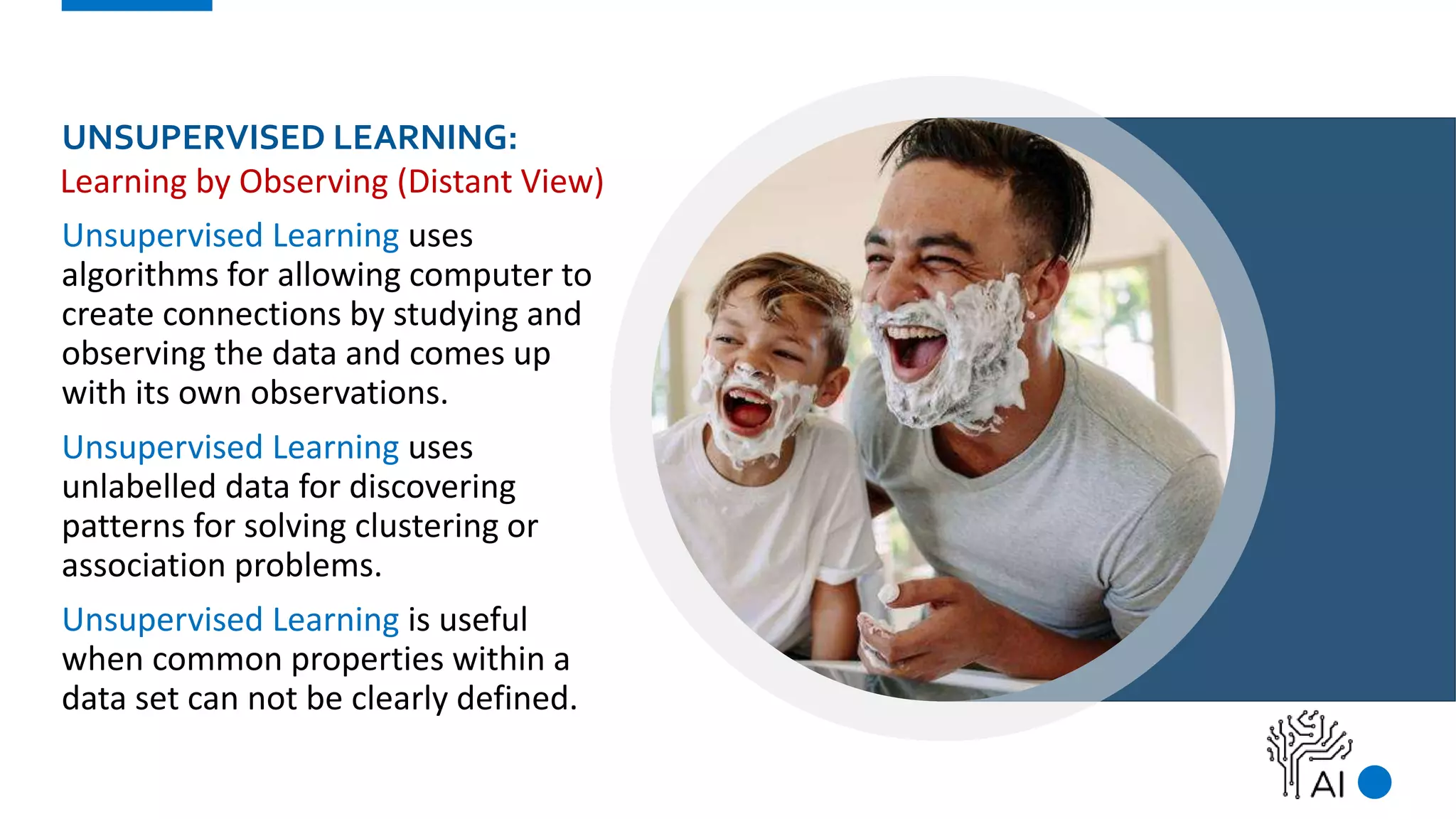 UNSUPERVISED LEARNING:
Unsupervised Learning uses
algorithms for allowing computer to
create connections by studying and
observing the data and comes up
with its own observations.
Unsupervised Learning uses
unlabelled data for discovering
patterns for solving clustering or
association problems.
Unsupervised Learning is useful
when common properties within a
data set can not be clearly defined.
Learning by Observing (Distant View)
 