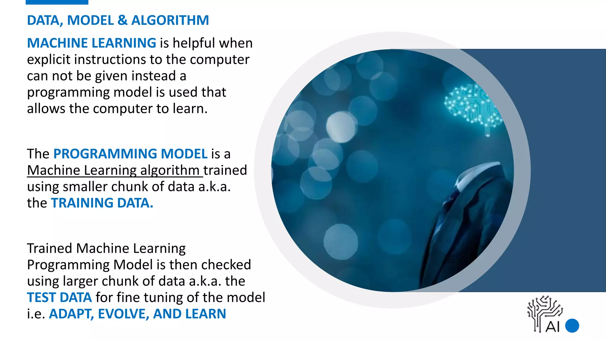 DATA, MODEL & ALGORITHM
MACHINE LEARNING is helpful when
explicit instructions to the computer
can not be given instead a
programming model is used that
allows the computer to learn.
The PROGRAMMING MODEL is a
Machine Learning algorithm trained
using smaller chunk of data a.k.a.
the TRAINING DATA.
Trained Machine Learning
Programming Model is then checked
using larger chunk of data a.k.a. the
TEST DATA for fine tuning of the model
i.e. ADAPT, EVOLVE, AND LEARN
 