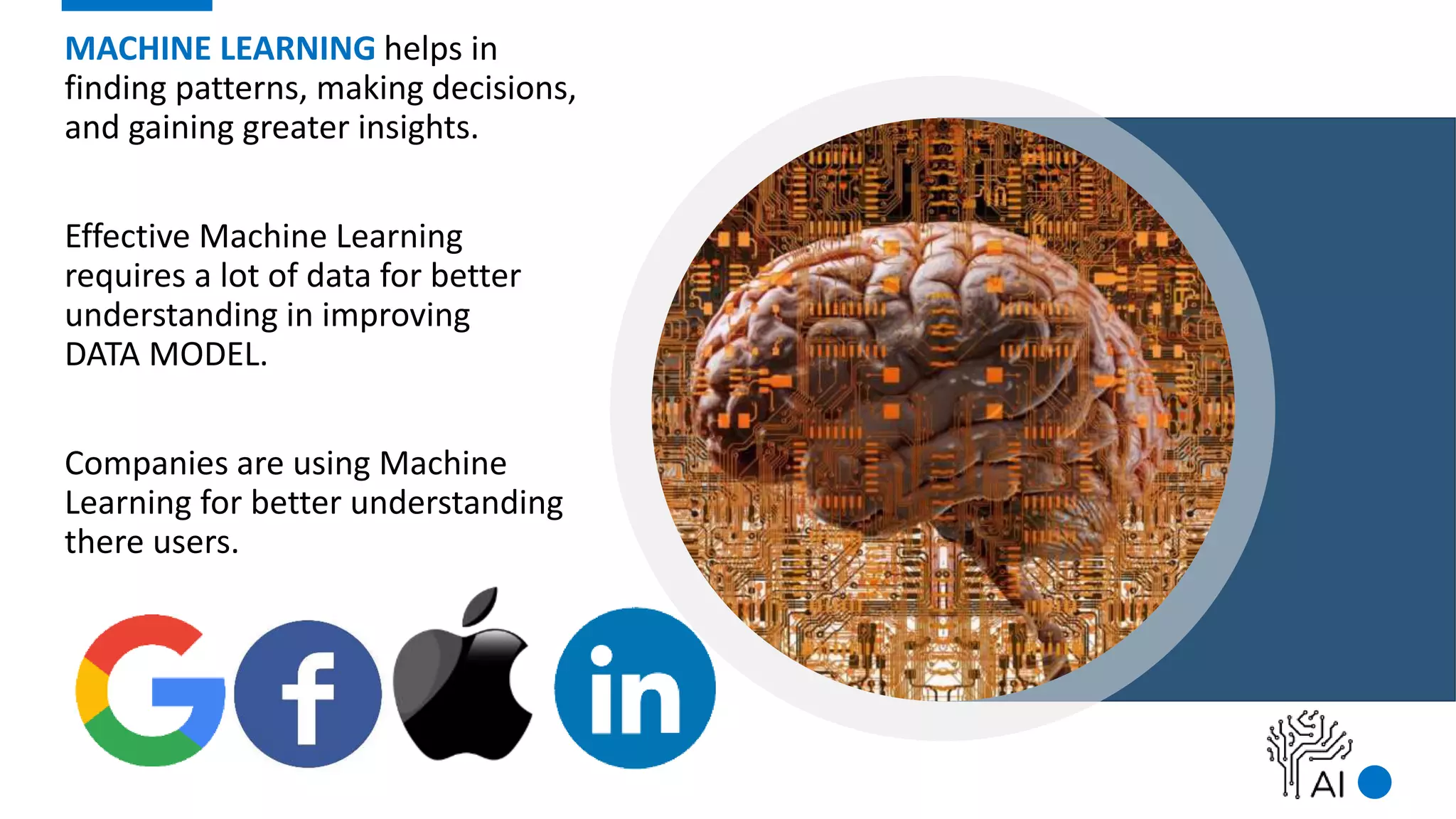 MACHINE LEARNING helps in
finding patterns, making decisions,
and gaining greater insights.
Effective Machine Learning
requires a lot of data for better
understanding in improving
DATA MODEL.
Companies are using Machine
Learning for better understanding
there users.
 
