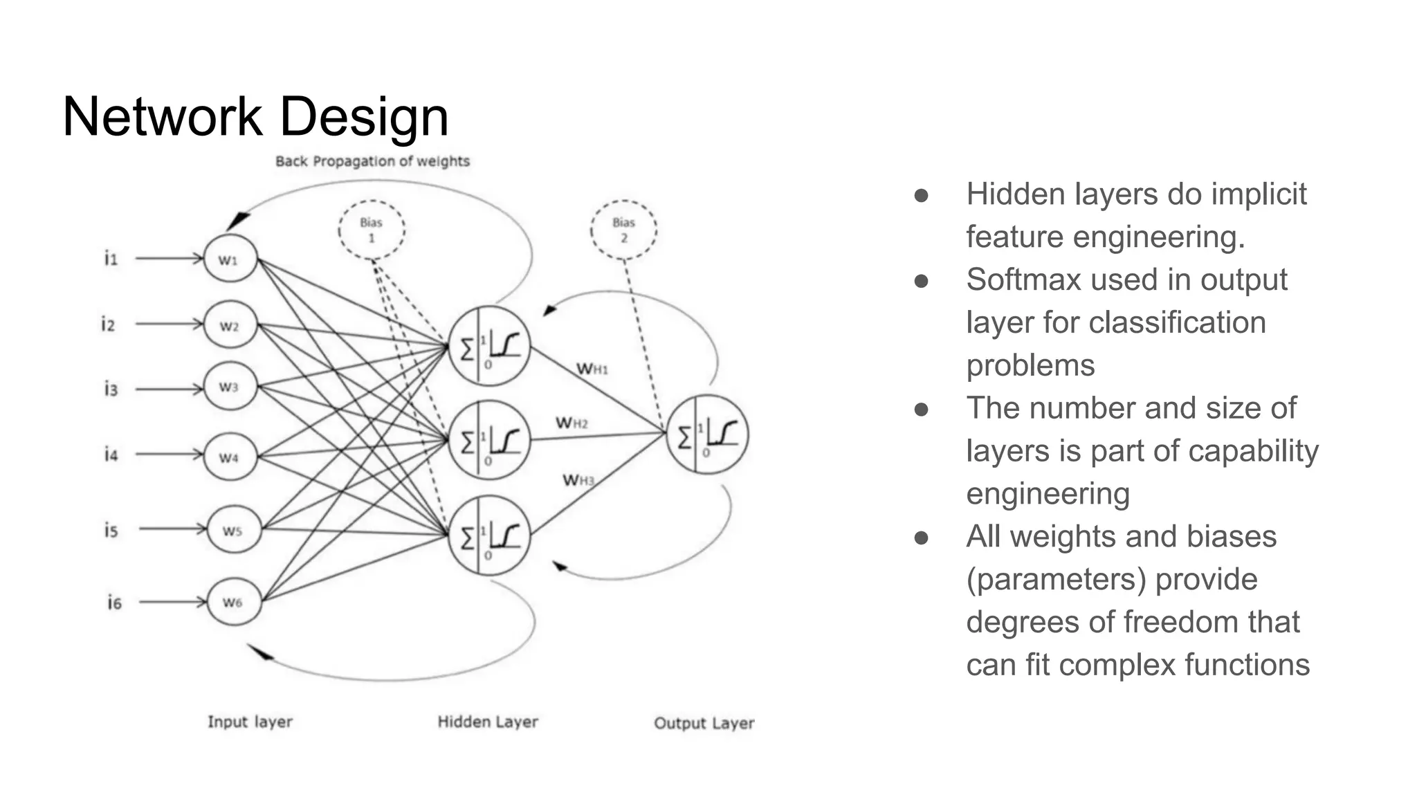 Network Design
● Hidden layers do implicit
feature engineering.
● Softmax used in output
layer for classification
problems
● The number and size of
layers is part of capability
engineering
● All weights and biases
(parameters) provide
degrees of freedom that
can fit complex functions
 