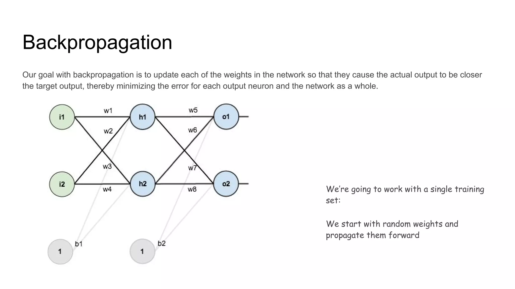 Backpropagation
Our goal with backpropagation is to update each of the weights in the network so that they cause the actual output to be closer
the target output, thereby minimizing the error for each output neuron and the network as a whole.
We’re going to work with a single training
set:
We start with random weights and
propagate them forward
 