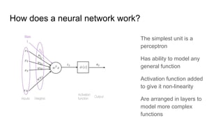 How does a neural network work?
The simplest unit is a
perceptron
Has ability to model any
general function
Activation function added
to give it non-linearity
Are arranged in layers to
model more complex
functions
 