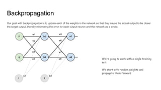 Backpropagation
Our goal with backpropagation is to update each of the weights in the network so that they cause the actual output to be closer
the target output, thereby minimizing the error for each output neuron and the network as a whole.
We’re going to work with a single training
set:
We start with random weights and
propagate them forward
 
