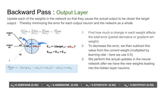 Backward Pass : Output Layer
1. Find how much a change in each weight affects
the total error (partial derivative or gradient wrt
weight)
2. To decrease the error, we then subtract this
value from the current weight (multiplied by
learning rate - here we use 0.5)
3. We perform the actual updates in the neural
network after we have the new weights leading
into the hidden layer neurons
Update each of the weights in the network so that they cause the actual output to be closer the target
output : Thereby minimizing the error for each output neuron and the network as a whole.
 
