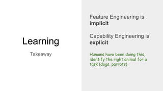 Learning
Takeaway
Feature Engineering is
implicit
Capability Engineering is
explicit
Humans have been doing this,
identify the right animal for a
task (dogs, parrots)
 