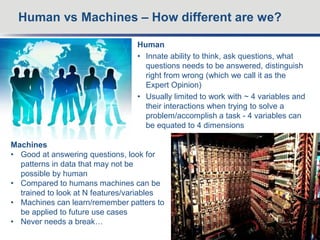 Human
• Innate ability to think, ask questions, what
questions needs to be answered, distinguish
right from wrong (which we call it as the
Expert Opinion)
• Usually limited to work with ~ 4 variables and
their interactions when trying to solve a
problem/accomplish a task - 4 variables can
be equated to 4 dimensions
Human vs Machines – How different are we?
4
Machines
• Good at answering questions, look for
patterns in data that may not be
possible by human
• Compared to humans machines can be
trained to look at N features/variables
• Machines can learn/remember patters to
be applied to future use cases
• Never needs a break…
 