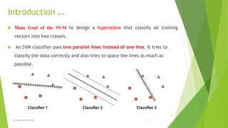 Introduction …
 Main Goal of the SVM to design a hyperplane that classify all training
vectors into two classes.
 An SVM classifier uses two parallel lines instead of one line. It tries to
classify the data correctly and also tries to space the lines as much as
possible.

Dr. Marwa M. Emam
7
 