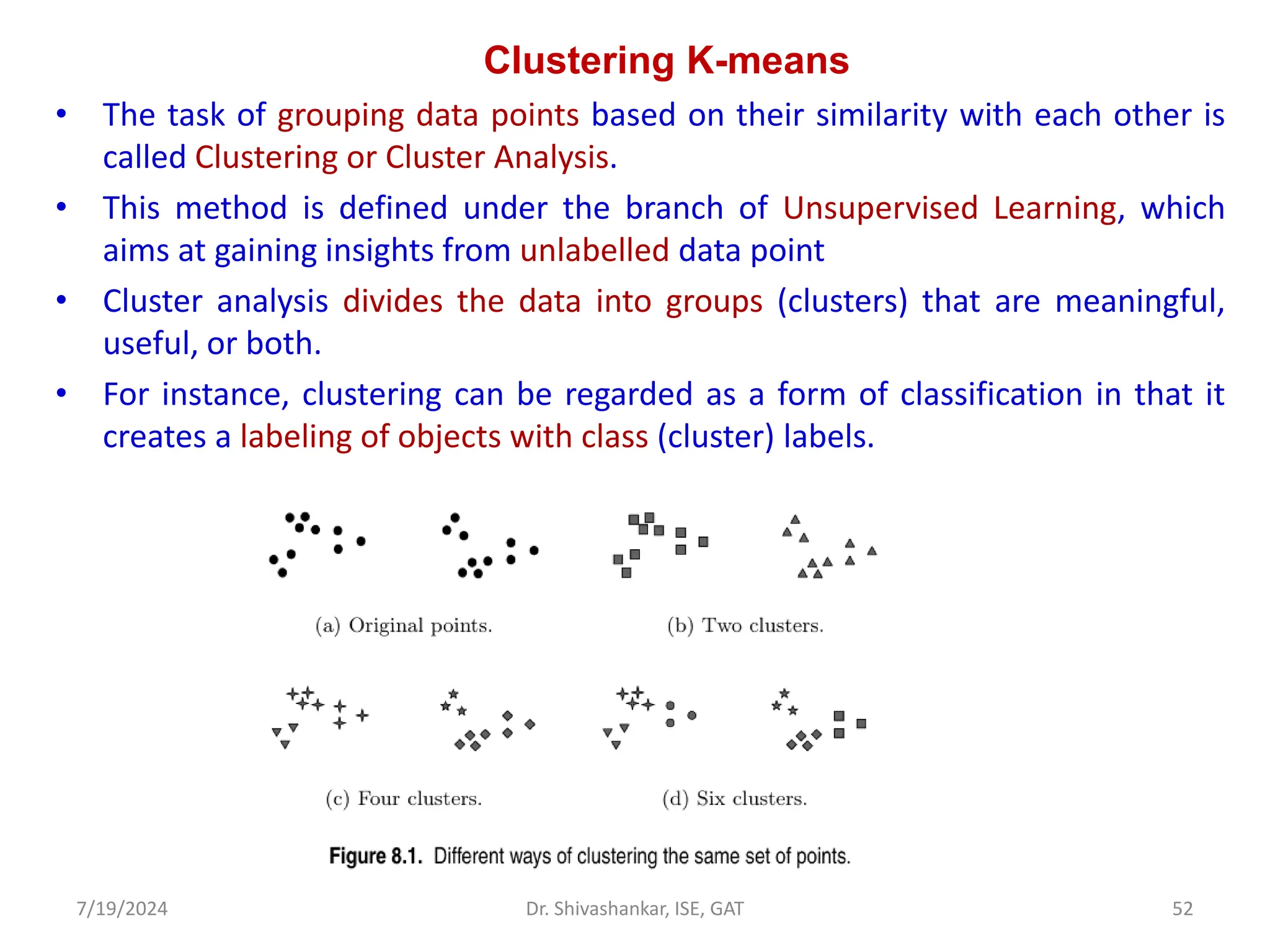 Clustering K-means
• The task of grouping data points based on their similarity with each other is
called Clustering or Cluster Analysis.
• This method is defined under the branch of Unsupervised Learning, which
aims at gaining insights from unlabelled data point
• Cluster analysis divides the data into groups (clusters) that are meaningful,
useful, or both.
• For instance, clustering can be regarded as a form of classification in that it
creates a labeling of objects with class (cluster) labels.
7/19/2024 52
Dr. Shivashankar, ISE, GAT
 