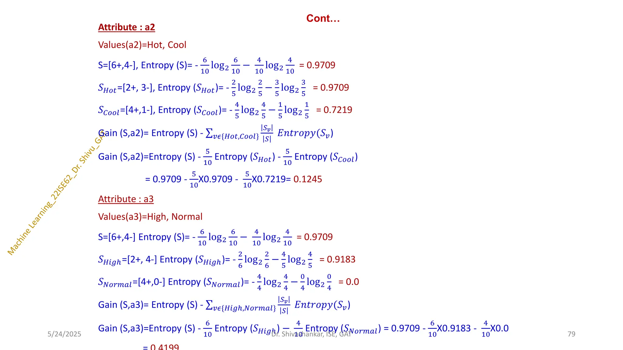 Cont…
Attribute : a2
Values(a2)=Hot, Cool
S=[6+,4-], Entropy (S)= -
6
10
log2
6
10
−
4
10
log2
4
10
= 0.9709
𝑆𝐻𝑜𝑡=[2+, 3-], Entropy (𝑆𝐻𝑜𝑡)= -
2
5
log2
2
5
−
3
5
log2
3
5
= 0.9709
𝑆𝐶𝑜𝑜𝑙=[4+,1-], Entropy (𝑆𝐶𝑜𝑜𝑙)= -
4
5
log2
4
5
−
1
5
log2
1
5
= 0.7219
Gain (S,a2)= Entropy (S) - σ𝑣𝜖{𝐻𝑜𝑡,𝐶𝑜𝑜𝑙}
𝑆𝑣
𝑆
𝐸𝑛𝑡𝑟𝑜𝑝𝑦(𝑆𝑣)
Gain (S,a2)=Entropy (S) -
5
10
Entropy (𝑆𝐻𝑜𝑡) -
5
10
Entropy (𝑆𝐶𝑜𝑜𝑙)
= 0.9709 -
5
10
X0.9709 -
5
10
X0.7219= 0.1245
Attribute : a3
Values(a3)=High, Normal
S=[6+,4-] Entropy (S)= -
6
10
log2
6
10
−
4
10
log2
4
10
= 0.9709
𝑆𝐻𝑖𝑔ℎ=[2+, 4-] Entropy (𝑆𝐻𝑖𝑔ℎ)= -
2
6
log2
2
6
−
4
5
log2
4
5
= 0.9183
𝑆𝑁𝑜𝑟𝑚𝑎𝑙=[4+,0-] Entropy (𝑆𝑁𝑜𝑟𝑚𝑎𝑙)= -
4
4
log2
4
4
−
0
4
log2
0
4
= 0.0
Gain (S,a3)= Entropy (S) - σ𝑣𝜖{𝐻𝑖𝑔ℎ,𝑁𝑜𝑟𝑚𝑎𝑙}
𝑆𝑣
𝑆
𝐸𝑛𝑡𝑟𝑜𝑝𝑦(𝑆𝑣)
Gain (S,a3)=Entropy (S) -
6
10
Entropy (𝑆𝐻𝑖𝑔ℎ) −
4
10
Entropy (𝑆𝑁𝑜𝑟𝑚𝑎𝑙) = 0.9709 -
6
10
X0.9183 -
4
10
X0.0
5/24/2025 79
Dr. Shivashankar, ISE, GAT
 