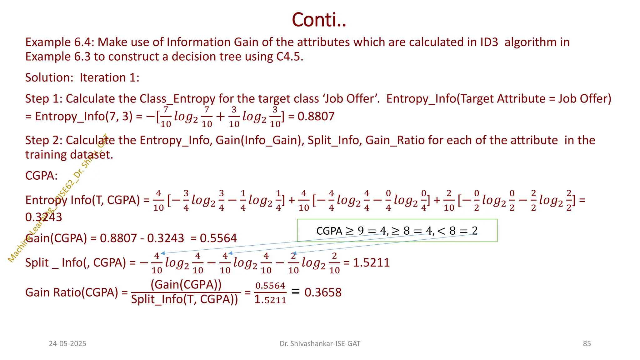 Conti..
Example 6.4: Make use of Information Gain of the attributes which are calculated in ID3 algorithm in
Example 6.3 to construct a decision tree using C4.5.
Solution: Iteration 1:
Step 1: Calculate the Class_Entropy for the target class ‘Job Offer’. Entropy_Info(Target Attribute = Job Offer)
= Entropy_Info(7, 3) = −[
7
10
𝑙𝑜𝑔2
7
10
+
3
10
𝑙𝑜𝑔2
3
10
] = 0.8807
Step 2: Calculate the Entropy_Info, Gain(Info_Gain), Split_Info, Gain_Ratio for each of the attribute in the
training dataset.
CGPA:
Entropy Info(T, CGPA) =
4
10
[−
3
4
𝑙𝑜𝑔2
3
4
−
1
4
𝑙𝑜𝑔2
1
4
] +
4
10
[−
4
4
𝑙𝑜𝑔2
4
4
−
0
4
𝑙𝑜𝑔2
0
4
] +
2
10
[−
0
2
𝑙𝑜𝑔2
0
2
−
2
2
𝑙𝑜𝑔2
2
2
] =
0.3243
Gain(CGPA) = 0.8807 - 0.3243 = 0.5564
Split _ Info(, CGPA) = −
4
10
𝑙𝑜𝑔2
4
10
−
4
10
𝑙𝑜𝑔2
4
10
−
2
10
𝑙𝑜𝑔2
2
10
= 1.5211
Gain Ratio(CGPA) =
(Gain(CGPA))
Split_Info(T, CGPA))
=
0.5564
1.5211
= 0.3658
24-05-2025 85
Dr. Shivashankar-ISE-GAT
CGPA ≥ 9 = 4, ≥ 8 = 4, < 8 = 2
 