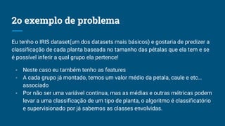 2o exemplo de problema
Eu tenho o IRIS dataset(um dos datasets mais básicos) e gostaria de predizer a
classificação de cada planta baseada no tamanho das pétalas que ela tem e se
é possível inferir a qual grupo ela pertence!
- Neste caso eu também tenho as features
- A cada grupo já montado, temos um valor médio da petala, caule e etc…
associado
- Por não ser uma variável continua, mas as médias e outras métricas podem
levar a uma classificação de um tipo de planta, o algoritmo é classificatório
e supervisionado por já sabemos as classes envolvidas.
 
