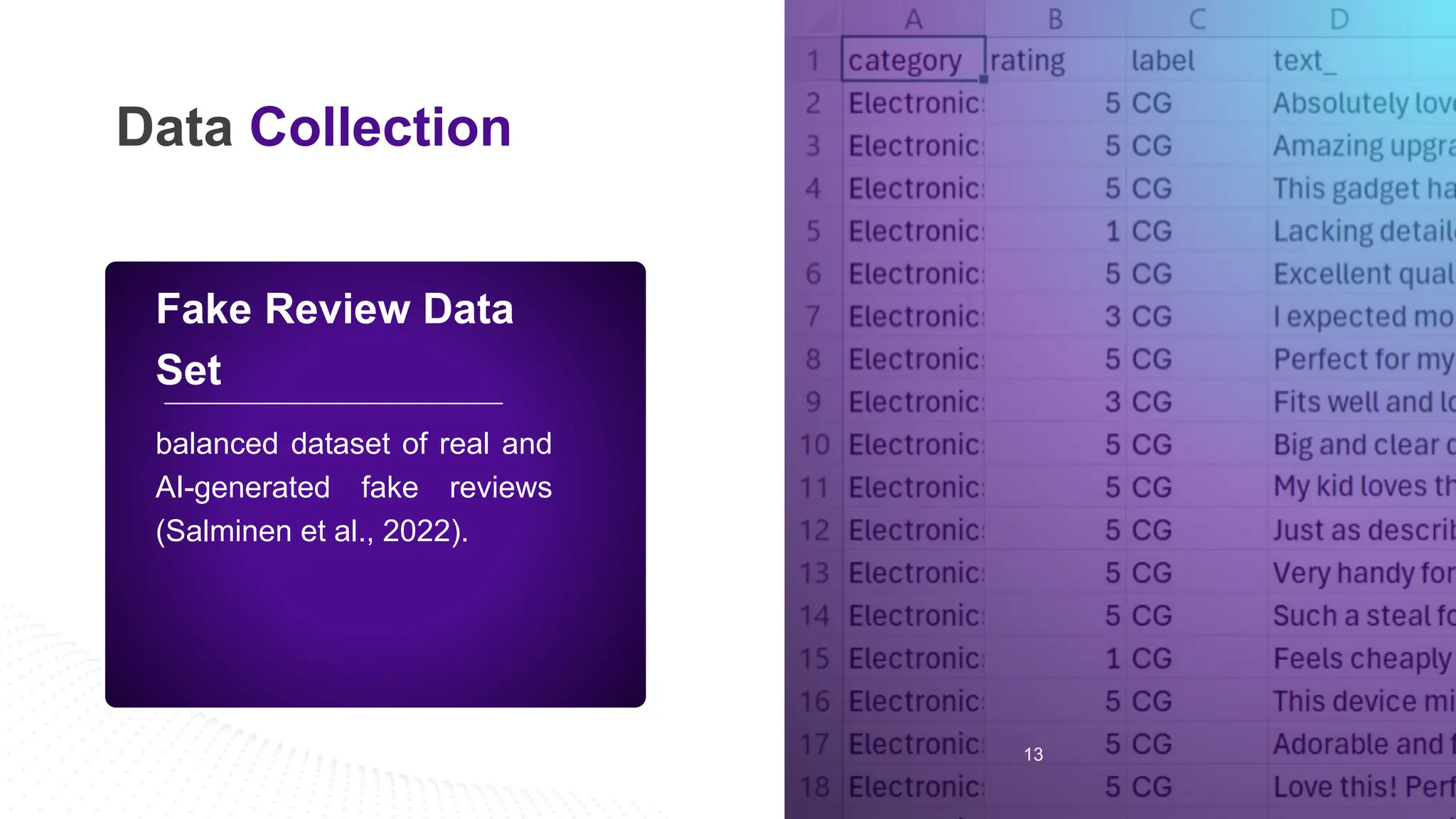 13
Data Collection
Thesis
Fake Review Data
Set
balanced dataset of real and
AI-generated fake reviews
(Salminen et al., 2022).
 