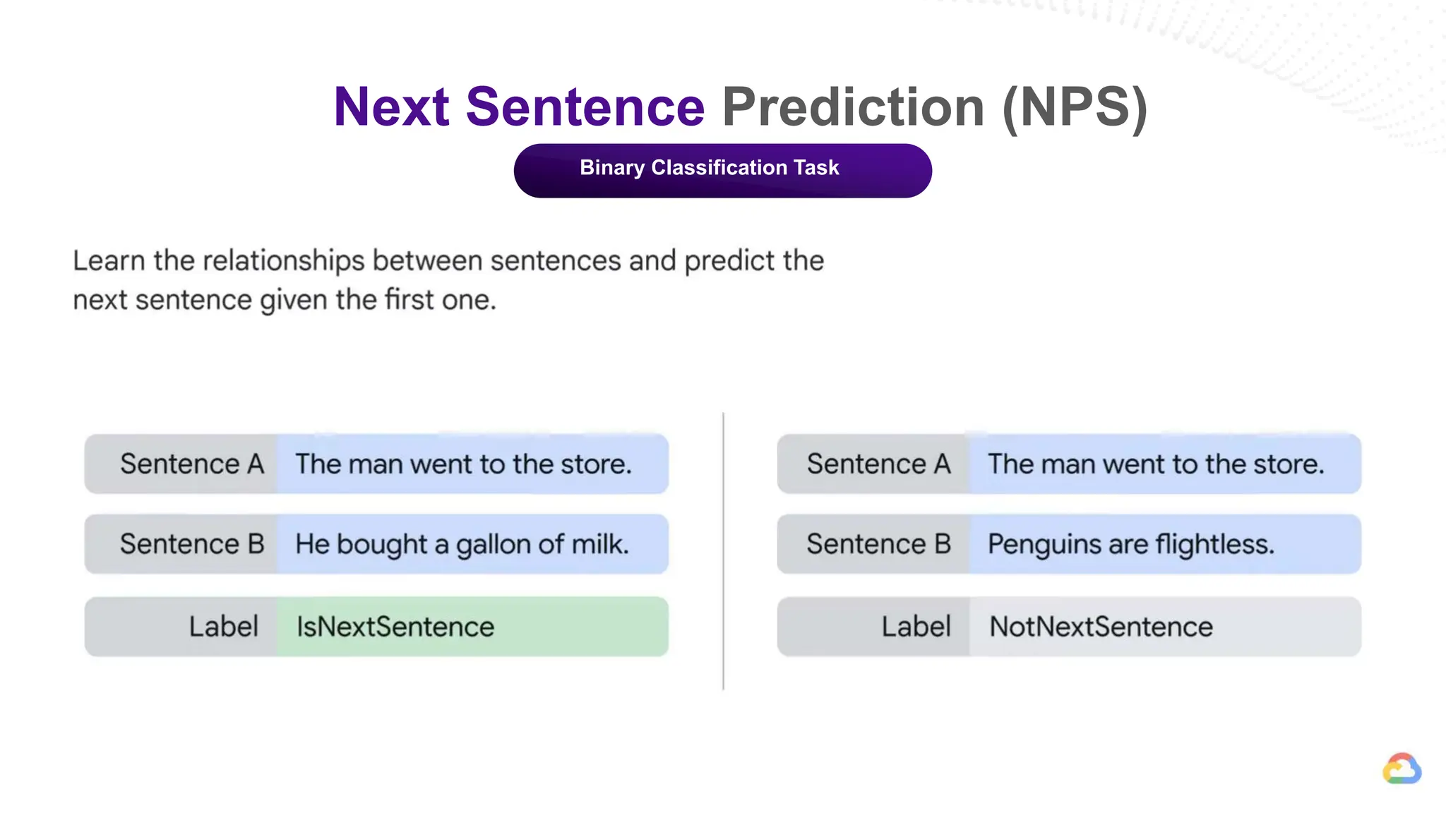 Next Sentence Prediction (NPS)
Binary Classification Task
 