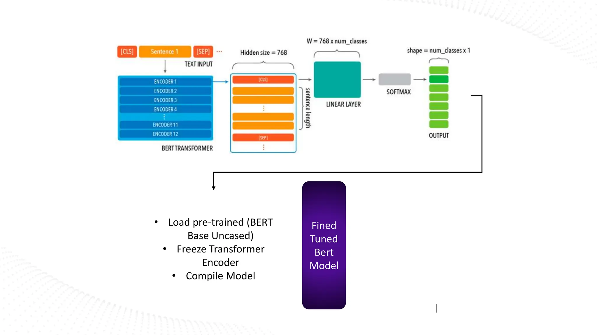 Fined
Tuned
Bert
Model
• Load pre-trained (BERT
Base Uncased)
• Freeze Transformer
Encoder
• Compile Model
 
