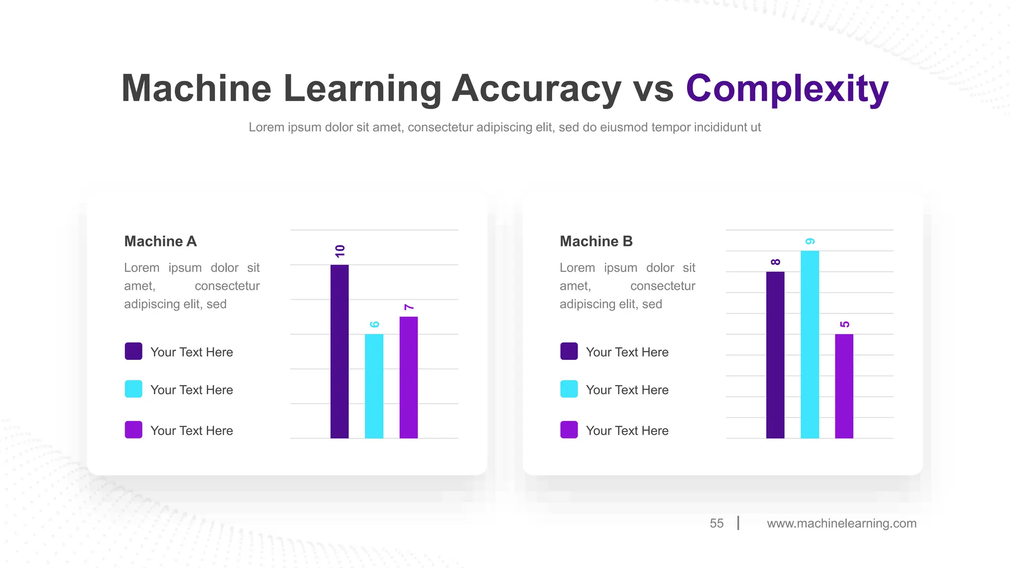 www.machinelearning.com
55
Machine Learning Accuracy vs Complexity
Lorem ipsum dolor sit amet, consectetur adipiscing elit, sed do eiusmod tempor incididunt ut
10
6
7
Machine A
Lorem ipsum dolor sit
amet, consectetur
adipiscing elit, sed
Your Text Here
Your Text Here
Your Text Here
8
9
5
Machine B
Lorem ipsum dolor sit
amet, consectetur
adipiscing elit, sed
Your Text Here
Your Text Here
Your Text Here
 