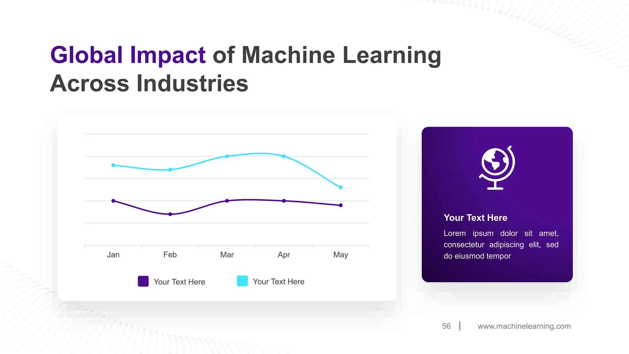www.machinelearning.com
56
Global Impact of Machine Learning
Across Industries
Jan Feb Mar Apr May
Your Text Here Your Text Here
Your Text Here
Lorem ipsum dolor sit amet,
consectetur adipiscing elit, sed
do eiusmod tempor
 