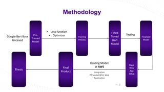 11
Methodology
Pre-
Trained
Model
Google Bert Base
Uncased
Training
Process
• Loss function
• Optimizer
Fined
Tuned
Bert
Model
Finalized
Model
Testing
Flask
Web
App
Setup
Final
Product
Hosting Model
at AWS
Thesis
Integration
Of Model With Web
Application
 