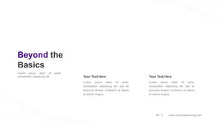 www.machinelearning.com
40
Beyond the
Basics
Lorem ipsum dolor sit amet,
consectetur adipiscing elit
Lorem ipsum dolor sit amet,
consectetur adipiscing elit, sed do
eiusmod tempor incididunt ut labore
et dolore magna
Your Text Here
Lorem ipsum dolor sit amet,
consectetur adipiscing elit, sed do
eiusmod tempor incididunt ut labore
et dolore magna
Your Text Here
 