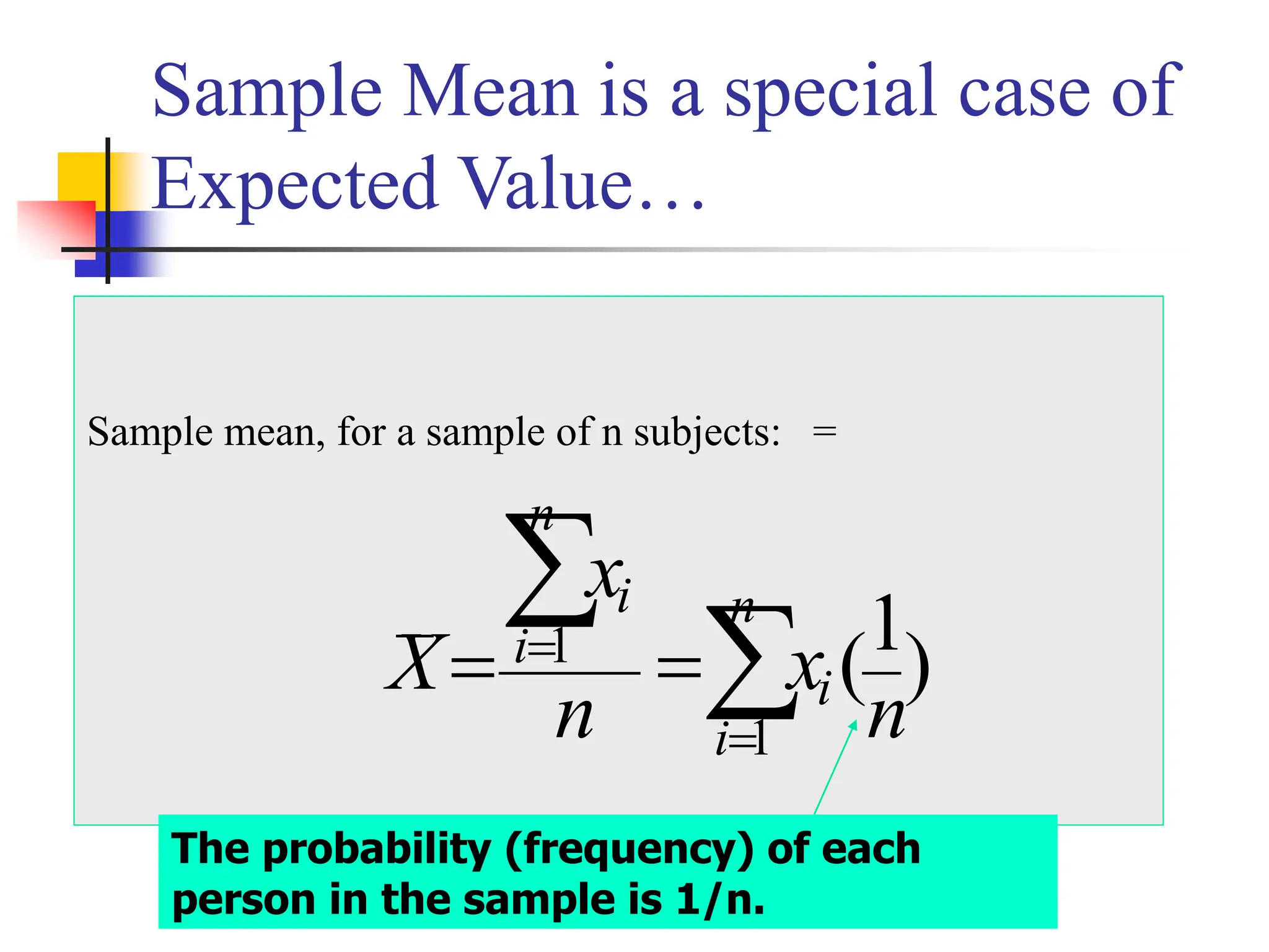 Sample Mean is a special case of
Expected Value…
Sample mean, for a sample of n subjects: =
)
1
(
1
1
n
x
n
x
X
n
i
i
n
i
i


=
=
=
=
The probability (frequency) of each
person in the sample is 1/n.
 