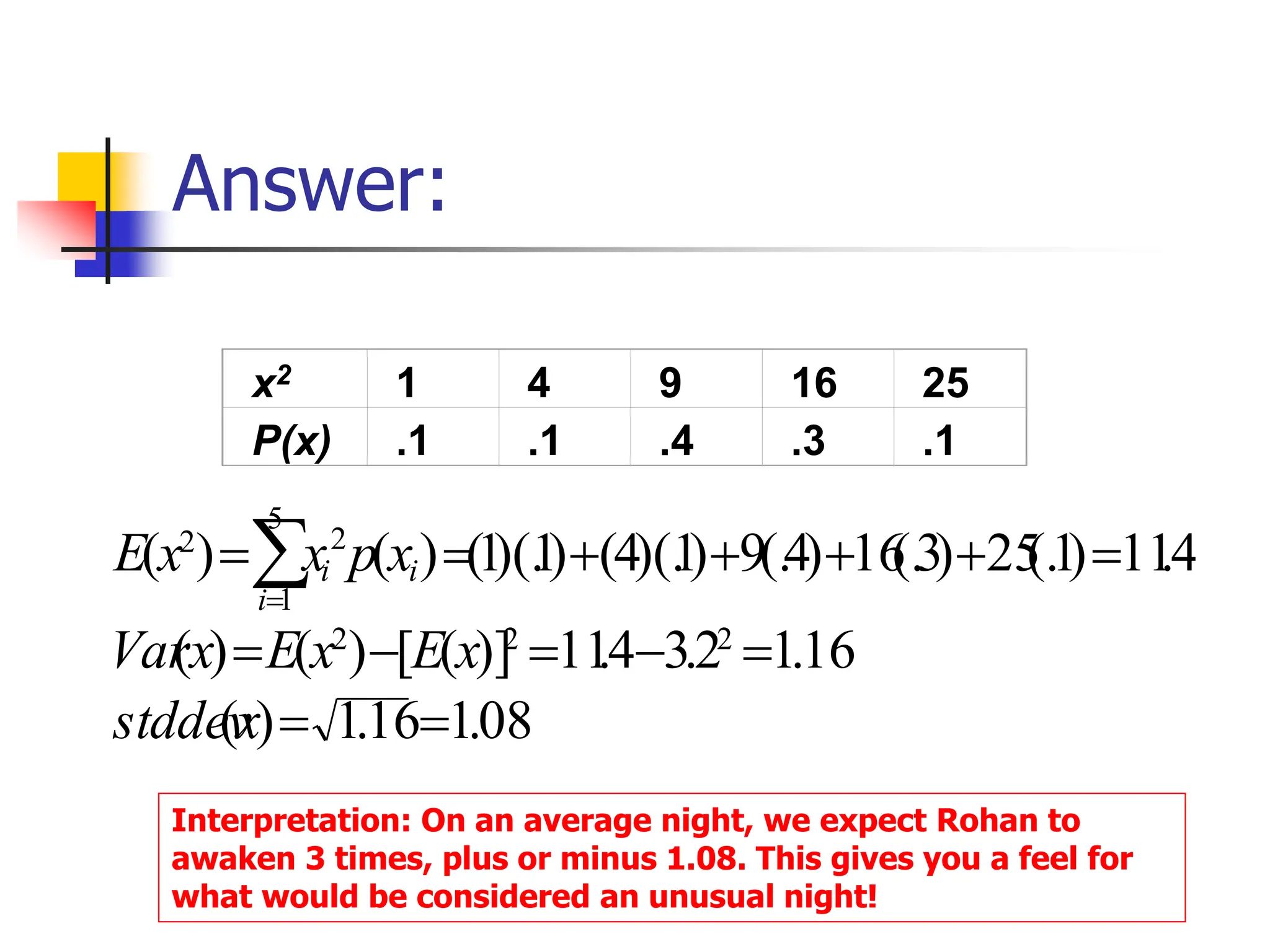 Answer:
08
.
1
16
.
1
)
(
16
.
1
2
.
3
4
.
11
)]
(
[
)
(
)
(
4
.
11
)
1
(.
25
)
3
(.
16
)
4
(.
9
)
1
)(.
4
(
)
1
)(.
1
(
)
(
)
(
2
2
2
5
1
2
2
=
=
=
−
=
−
=
=
+
+
+
+
=
=
=
x
stddev
x
E
x
E
x
Var
x
p
x
x
E
i
i
i
Interpretation: On an average night, we expect Rohan to
awaken 3 times, plus or minus 1.08. This gives you a feel for
what would be considered an unusual night!
x2 1 4 9 16 25
P(x) .1 .1 .4 .3 .1
 