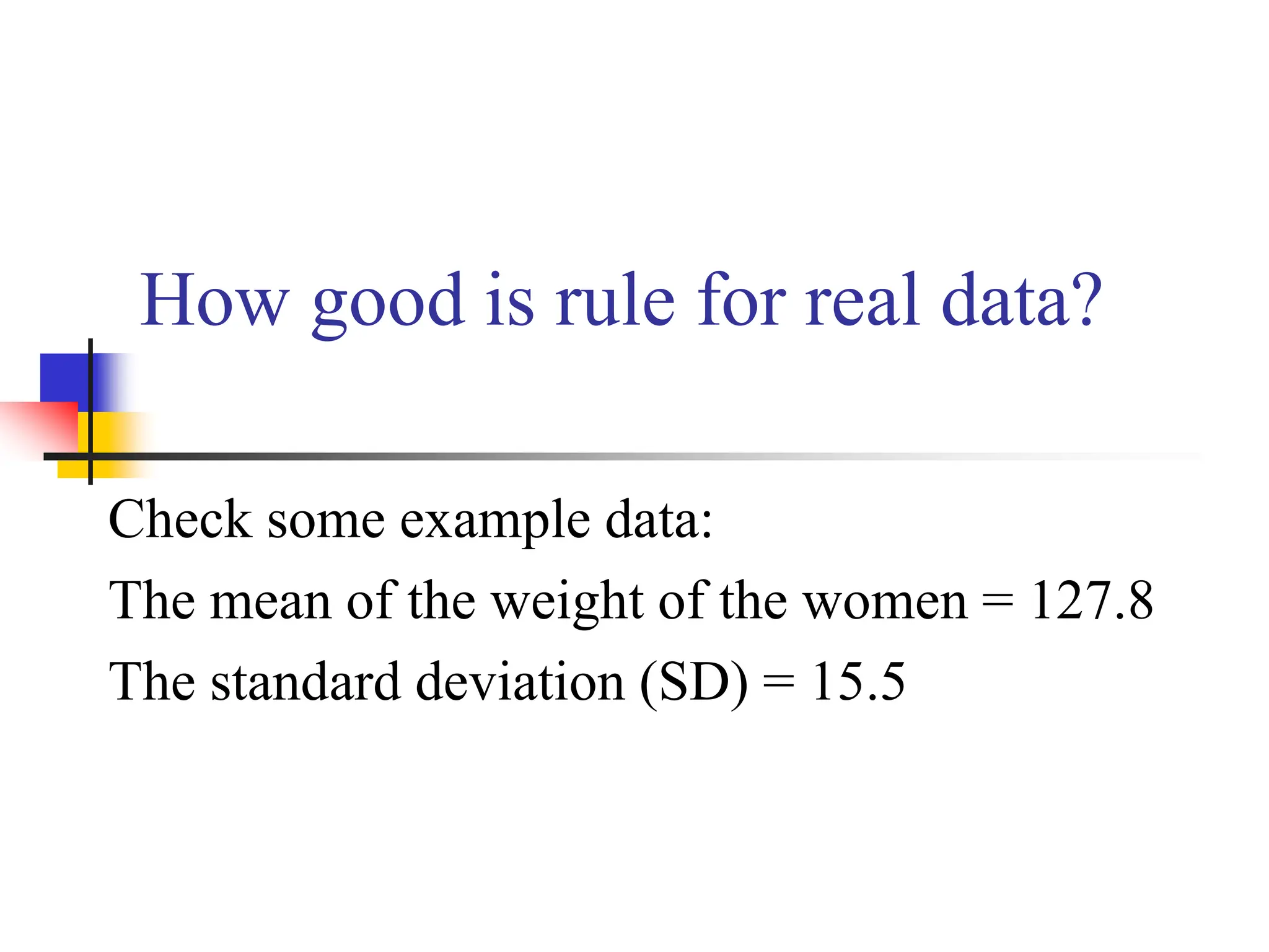 How good is rule for real data?
Check some example data:
The mean of the weight of the women = 127.8
The standard deviation (SD) = 15.5
 