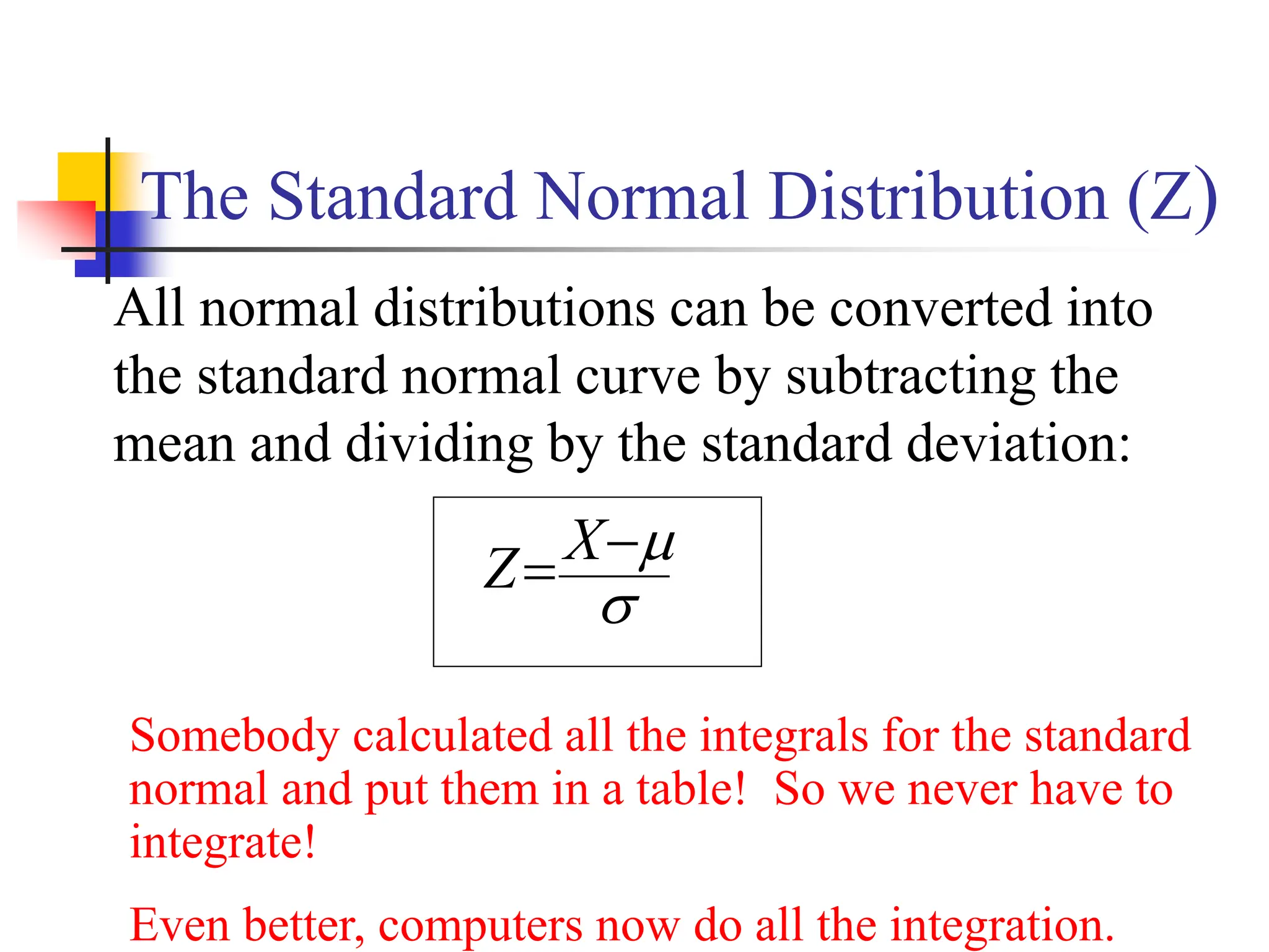 The Standard Normal Distribution (Z)
All normal distributions can be converted into
the standard normal curve by subtracting the
mean and dividing by the standard deviation:


−
= X
Z
Somebody calculated all the integrals for the standard
normal and put them in a table! So we never have to
integrate!
Even better, computers now do all the integration.
 