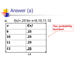Answer (a)
a. f(x)=.25 for x=9,10,11,12
Yes, probability
function!
x f(x)
9 .25
10 .25
11 .25
12 .25
1.0
 