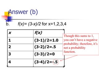 Answer (b)
b. f(x)= (3-x)/2 for x=1,2,3,4
x f(x)
1 (3-1)/2=1.0
2 (3-2)/2=.5
3 (3-3)/2=0
4 (3-4)/2=-.5
Though this sums to 1,
you can’t have a negative
probability; therefore, it’s
not a probability
function.
 