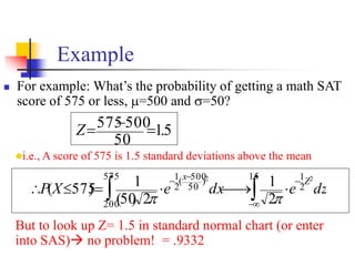 Example
◼ For example: What’s the probability of getting a math SAT
score of 575 or less, =500 and =50?
5
.
1
50
500
575 =
−
=
Z
⚫i.e., A score of 575 is 1.5 standard deviations above the mean

 
−
−
−
−

⎯
→
⎯

=


5
.
1
2
1
575
200
)
50
500
(
2
1 2
2
2
1
2
)
50
(
1
)
575
( dz
e
dx
e
X
P
Z
x


But to look up Z= 1.5 in standard normal chart (or enter
into SAS)→ no problem! = .9332
 