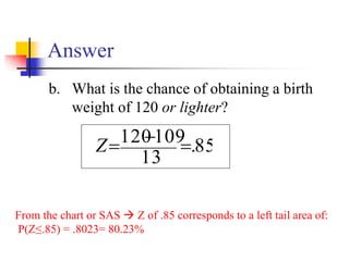 Answer
b. What is the chance of obtaining a birth
weight of 120 or lighter?
From the chart or SAS → Z of .85 corresponds to a left tail area of:
P(Z≤.85) = .8023= 80.23%
85
.
13
109
120 =
−
=
Z
 