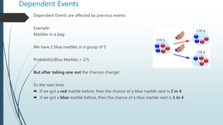 Dependent Events
Dependent Events are affected by previous events.
Example:
Marbles in a bag:
We have 2 blue marbles in a group of 5
Probability(Blue Marble) = 2/5
But after taking one out the chances change!
So the next time:
 if we got a red marble before, then the chance of a blue marble next is 2 in 4
 if we got a blue marble before, then the chance of a blue marble next is 1 in 4
 