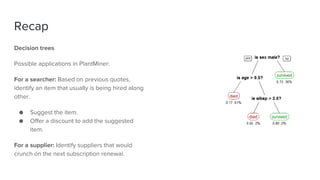 Recap
Decision trees
Possible applications in PlantMiner:
For a searcher: Based on previous quotes,
identify an item that usually is being hired along
other.
● Suggest the item.
● Offer a discount to add the suggested
item.
For a supplier: Identify suppliers that would
crunch on the next subscription renewal.
 
