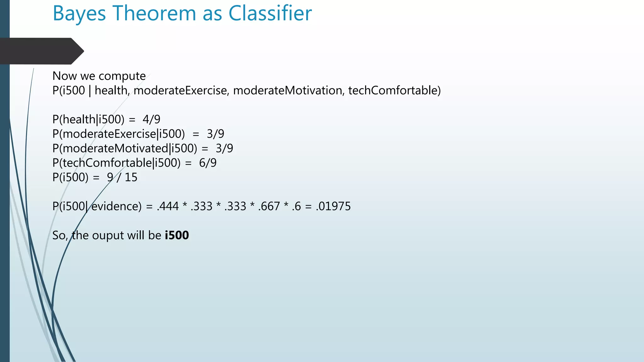 Bayes Theorem as Classifier
Now we compute
P(i500 | health, moderateExercise, moderateMotivation, techComfortable)
P(health|i500) = 4/9
P(moderateExercise|i500) = 3/9
P(moderateMotivated|i500) = 3/9
P(techComfortable|i500) = 6/9
P(i500) = 9 / 15
P(i500| evidence) = .444 * .333 * .333 * .667 * .6 = .01975
So, the ouput will be i500
 