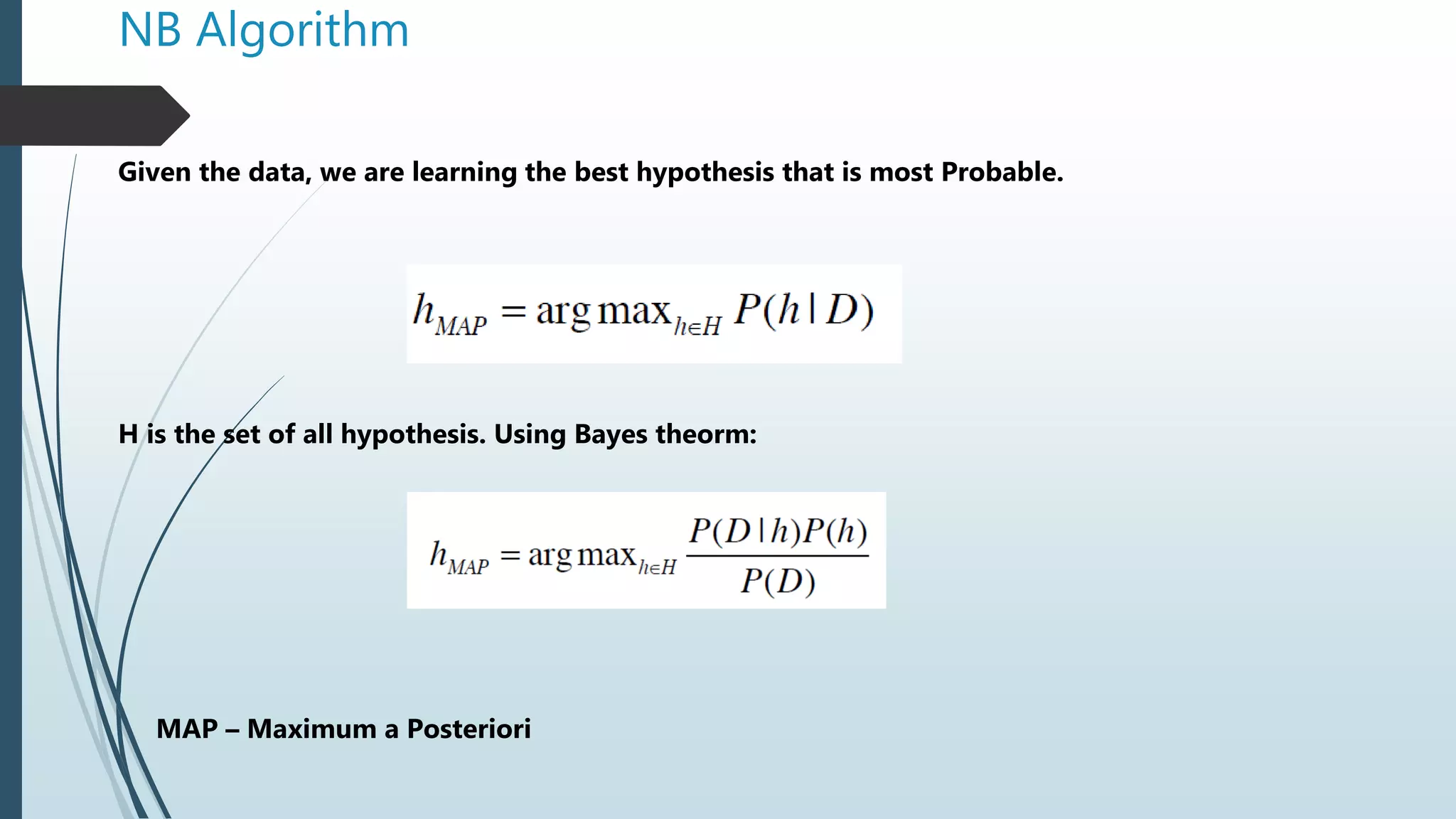 NB Algorithm
Given the data, we are learning the best hypothesis that is most Probable.
H is the set of all hypothesis. Using Bayes theorm:
MAP – Maximum a Posteriori
 