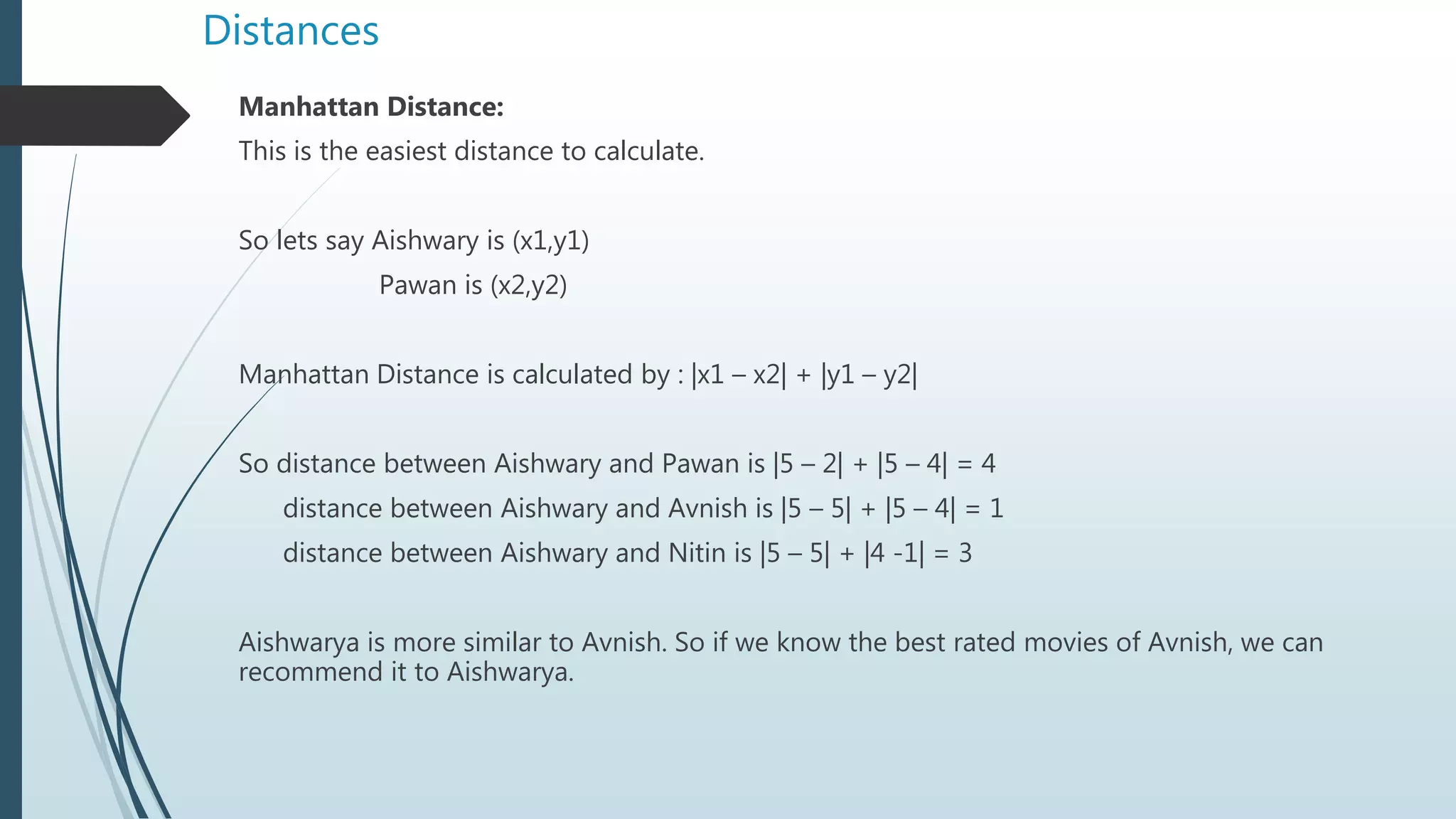 Distances
Manhattan Distance:
This is the easiest distance to calculate.
So lets say Aishwary is (x1,y1)
Pawan is (x2,y2)
Manhattan Distance is calculated by : |x1 – x2| + |y1 – y2|
So distance between Aishwary and Pawan is |5 – 2| + |5 – 4| = 4
distance between Aishwary and Avnish is |5 – 5| + |5 – 4| = 1
distance between Aishwary and Nitin is |5 – 5| + |4 -1| = 3
Aishwarya is more similar to Avnish. So if we know the best rated movies of Avnish, we can
recommend it to Aishwarya.
 