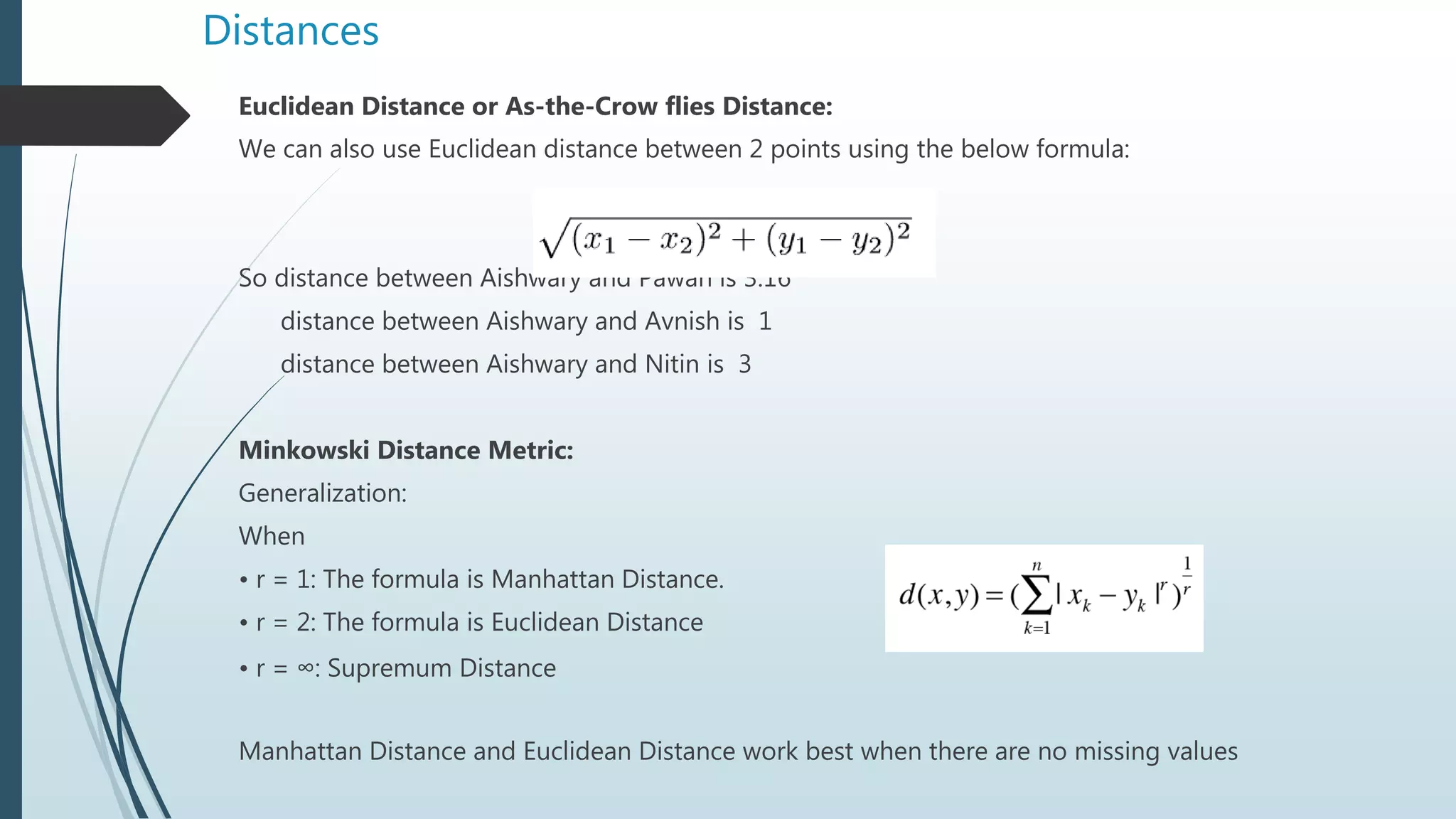 Distances
Euclidean Distance or As-the-Crow flies Distance:
We can also use Euclidean distance between 2 points using the below formula:
So distance between Aishwary and Pawan is 3.16
distance between Aishwary and Avnish is 1
distance between Aishwary and Nitin is 3
Minkowski Distance Metric:
Generalization:
When
• r = 1: The formula is Manhattan Distance.
• r = 2: The formula is Euclidean Distance
• r = ∞: Supremum Distance
Manhattan Distance and Euclidean Distance work best when there are no missing values
 