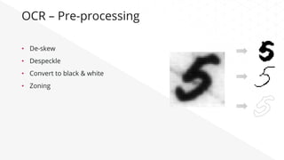 OCR – Pre-processing
•  De-skew
•  Despeckle
•  Convert to black & white
•  Zoning
 