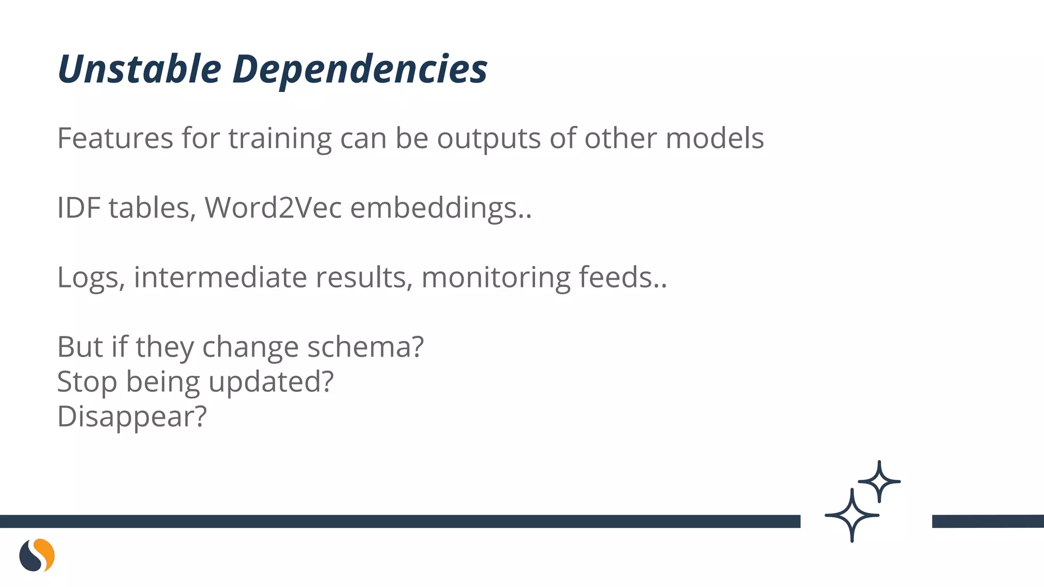 Features for training can be outputs of other models
IDF tables, Word2Vec embeddings..
Logs, intermediate results, monitoring feeds..
But if they change schema?
Stop being updated?
Disappear?
Unstable Dependencies
 