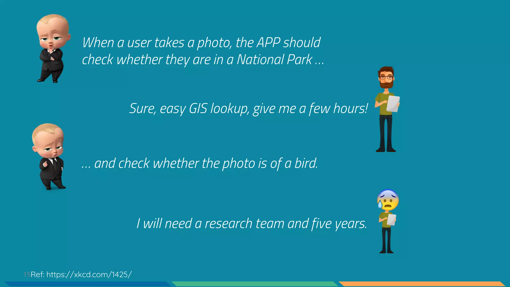 15
Sure, easy GIS lookup, give me a few hours!
When a user takes a photo, the APP should
check whether they are in a National Park …
… and check whether the photo is of a bird.
I will need a research team and five years.
Ref: https://xkcd.com/1425/
 