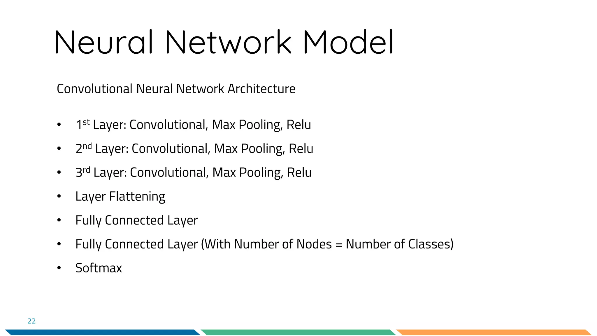 Neural Network Model
Convolutional Neural Network Architecture
• 1st Layer: Convolutional, Max Pooling, Relu
• 2nd Layer: Convolutional, Max Pooling, Relu
• 3rd Layer: Convolutional, Max Pooling, Relu
• Layer Flattening
• Fully Connected Layer
• Fully Connected Layer (With Number of Nodes = Number of Classes)
• Softmax
22
 